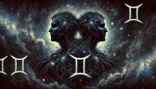 D A L L· E 2024 10 28 16.41.46 A Dark Mystical Representation Of The Gemini Zodiac Sign. The Scene Depicts Twin Celestial Figures Intertwined In A Starry Cosmos Embodying Duality 512X293