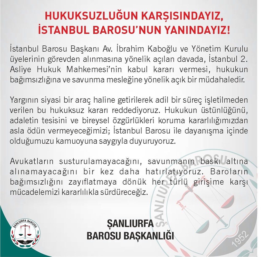 Şanlıurfa Barosu'ndan İstanbul Barosu Yönetimine Destek