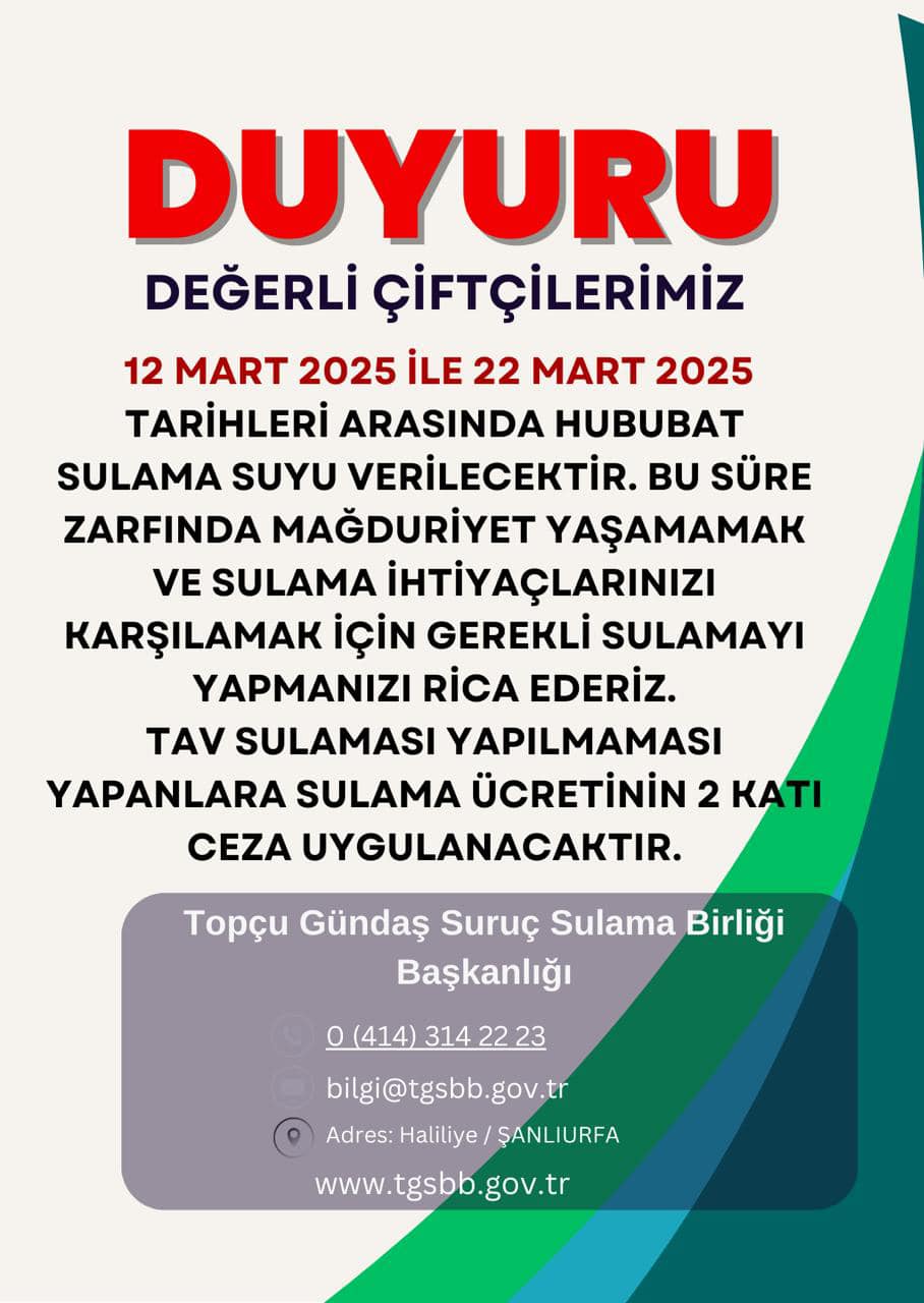 Şanlıurfa’daki Çiftçilere Sulama Suyu Desteği