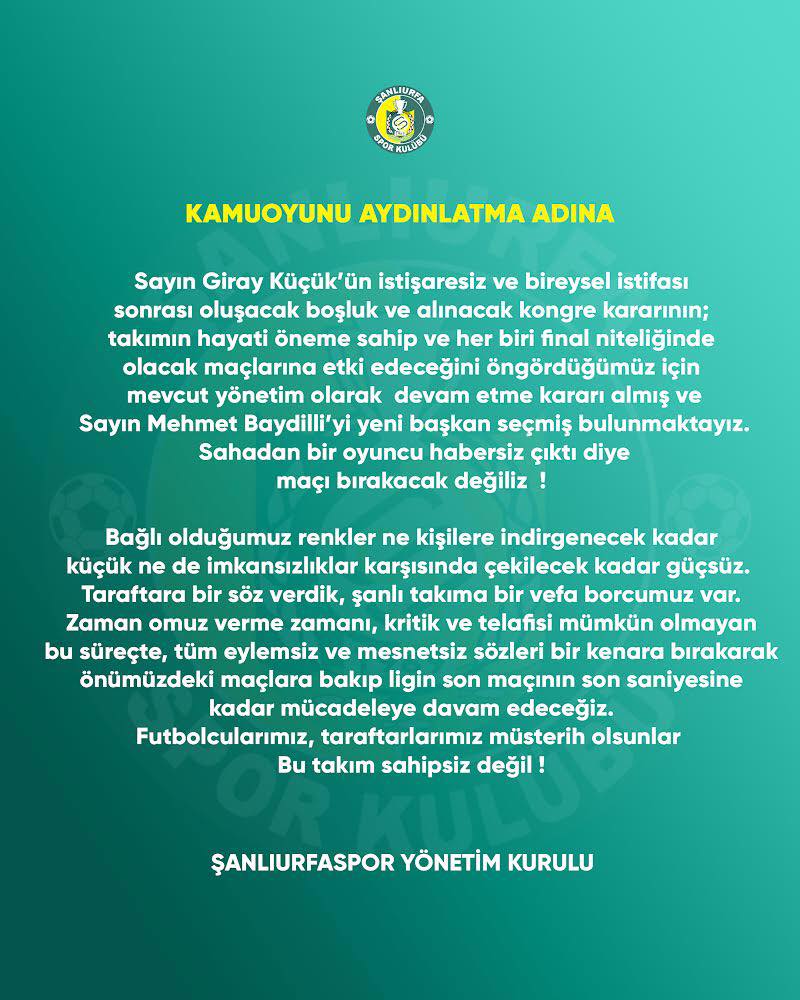 Şanlıurfaspor Yönetiminden Mehmet Giray Küçük’ün İstifası Sonrası Açıklama