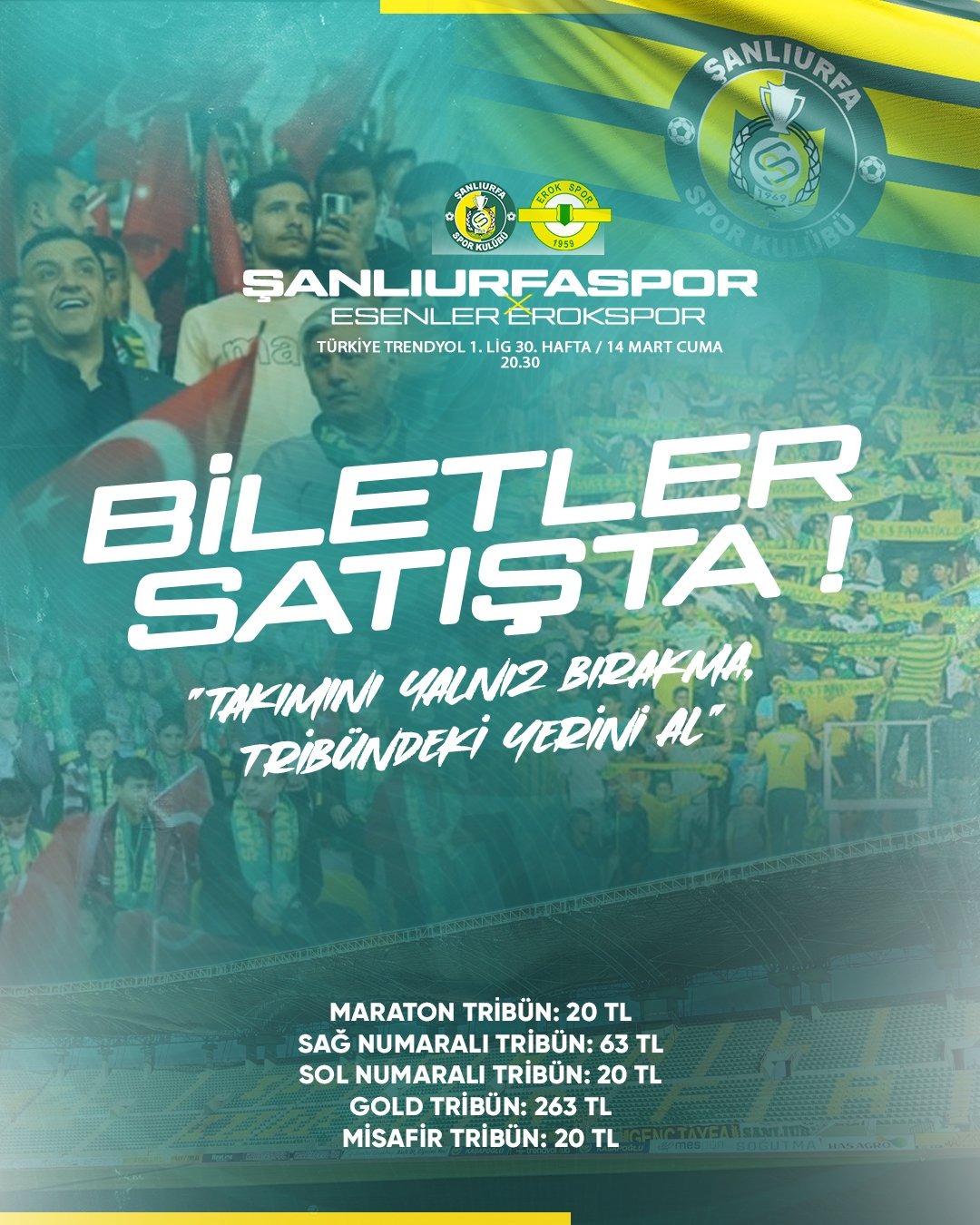 Şanlıurfaspor - Esenler Erokspor Maçı Biletleri Satışta!