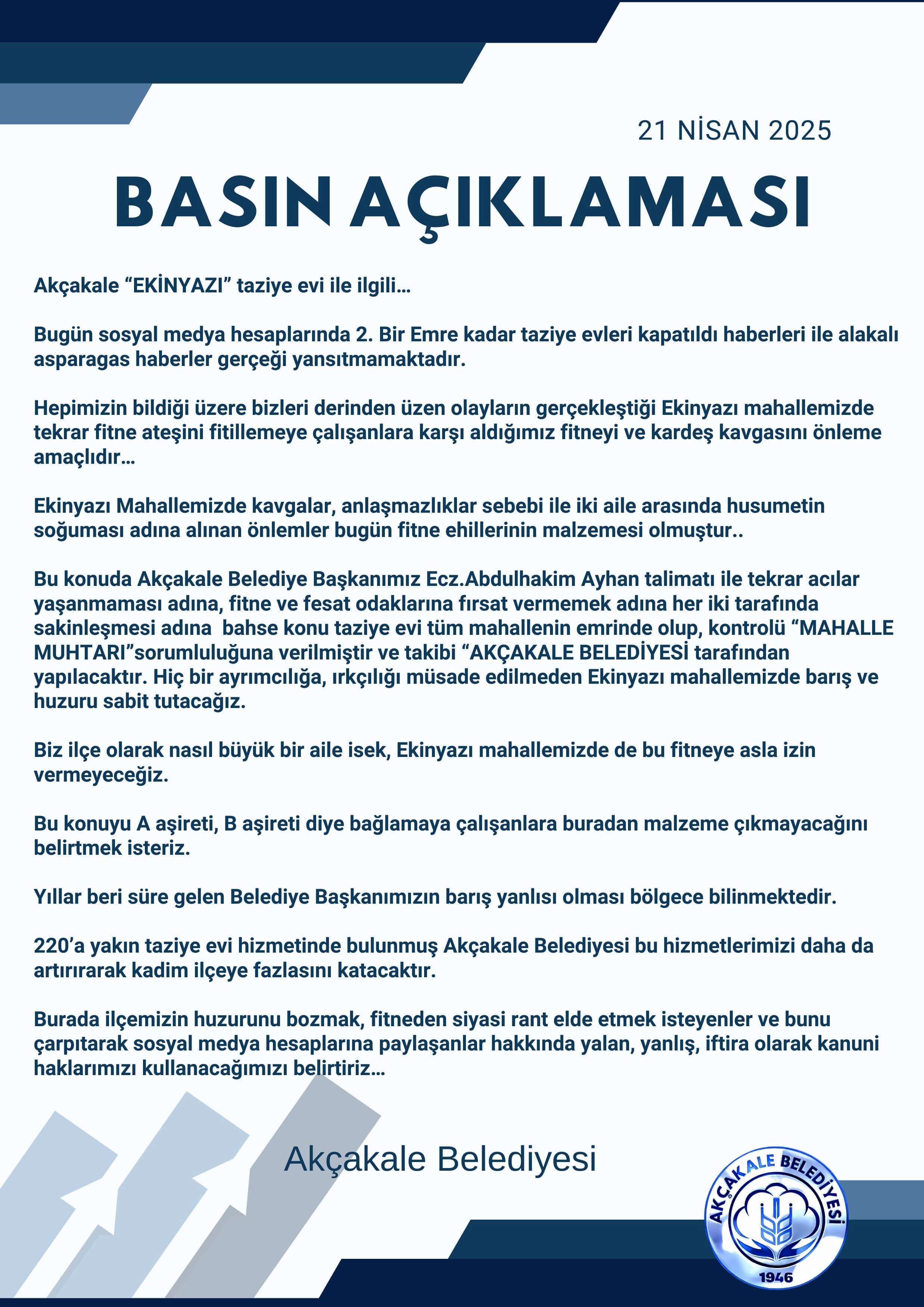 Akçakale Belediyesi'nden Ekinyazı Mahallesindeki Taziye Evleriyle İlgili Açıklama (2)
