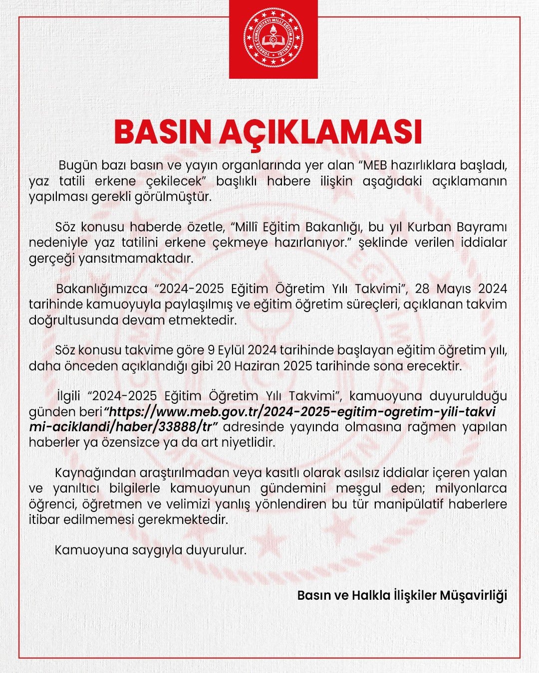Meb’den “Yaz Tatili Erken Çekilecek” İddialarına İlişkin Açıklama-1