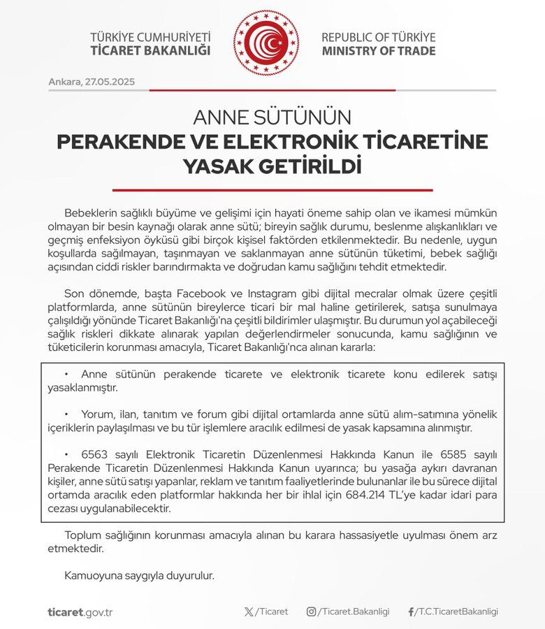 Anne Sütünün Perakende Ve Elektronik Ticaretine Yasak Getirildi