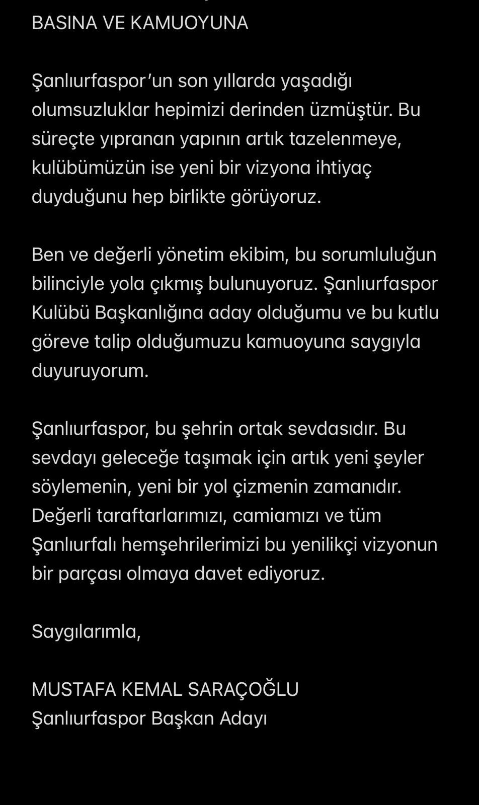 Mustafa Kemal Saraçoğlu, Şanlıurfaspor Başkanlığına Adaylığını Açıkladı