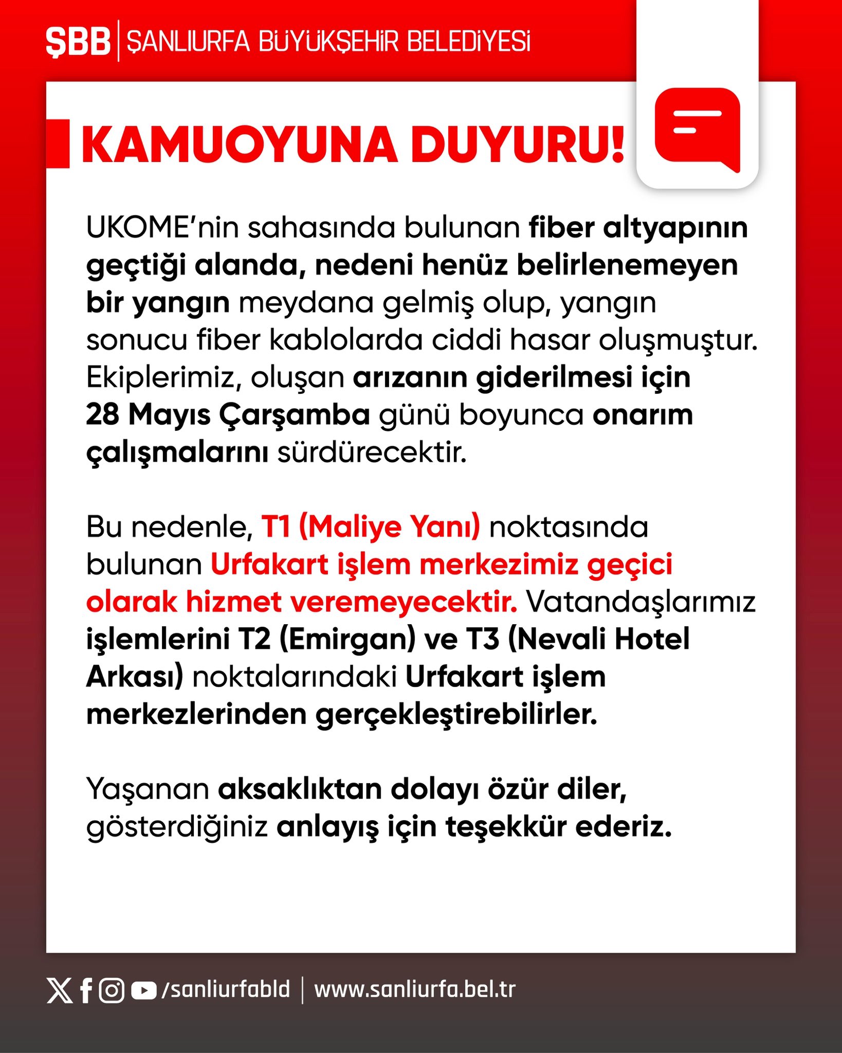 Urfakart İşlem Merkezi Geçici Olarak Kapatıldı