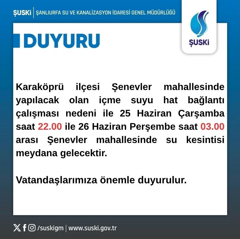 Şanlıurfa Karaköprü’de Bu Saatlerde Sular Kesilecek!