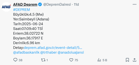 Son Daki̇ka! Adana'da 4,5 Büyüklüğünde Korkutan Deprem