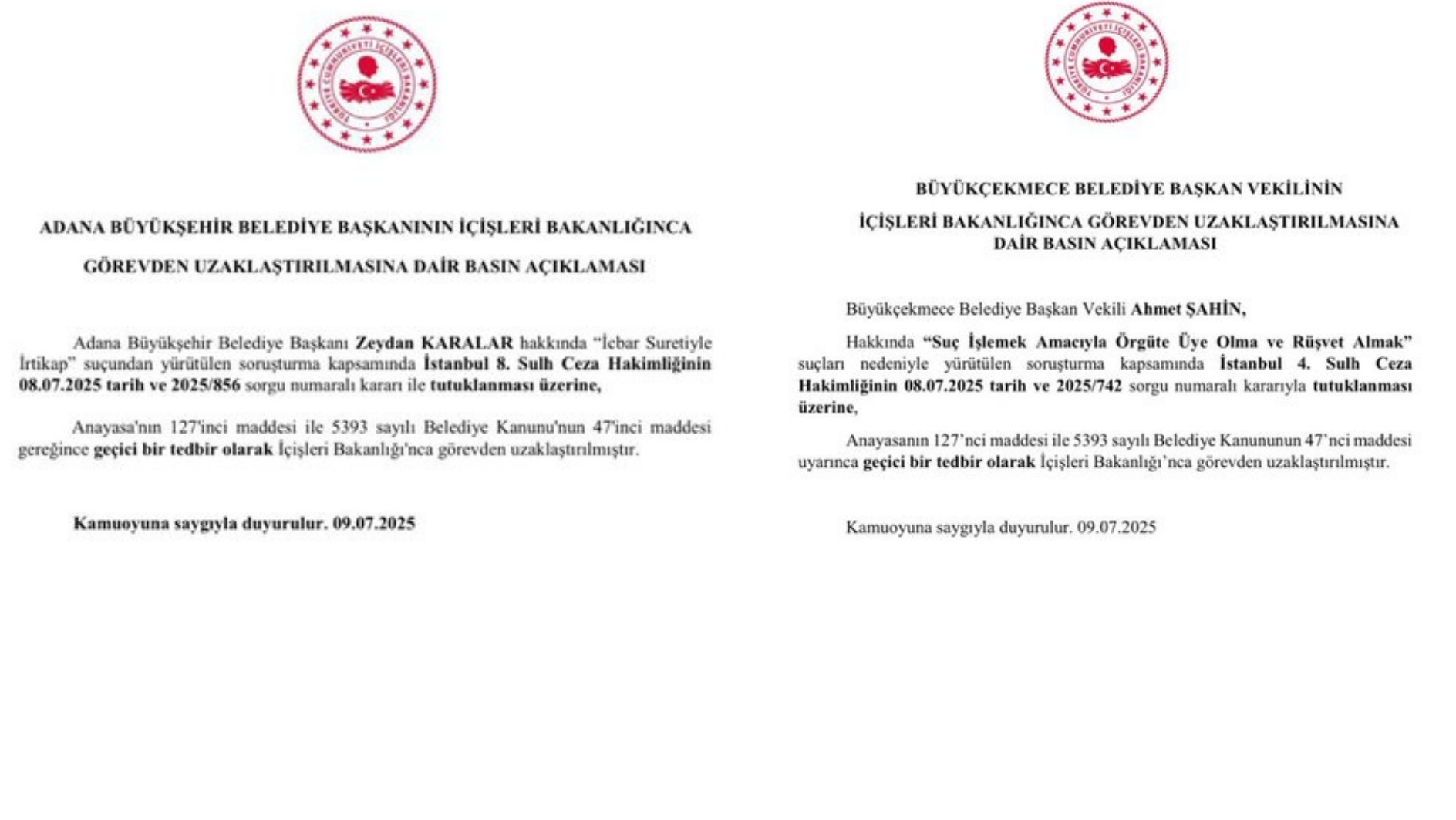 Adana Büyükşehir Belediye Başkanı Zeydan Karalar Ve Büyükçekmece Belediye Başkan Vekili Ahmet Şahin Görevden Uzaklaştırıldı.