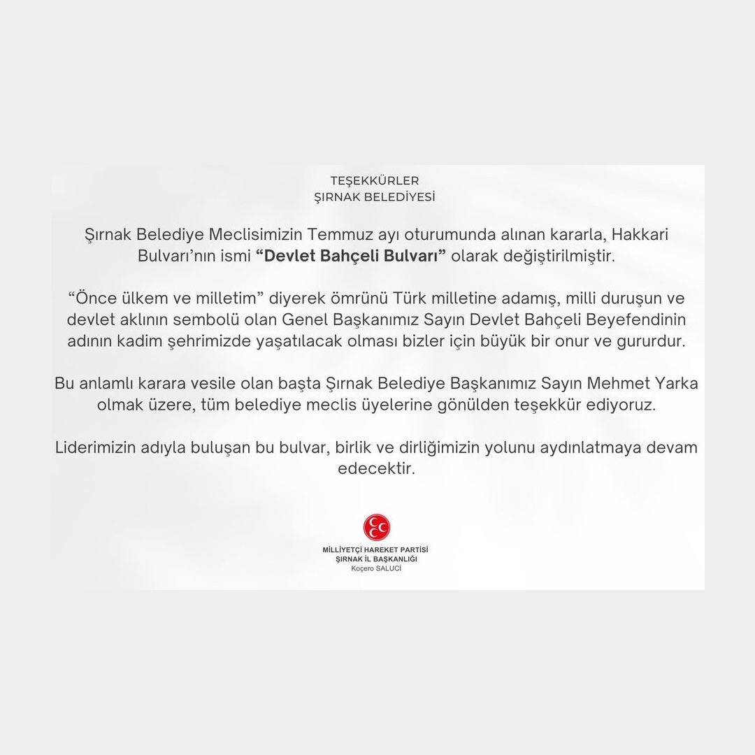 Hakkari̇ Bulvari'nin İsmi̇ Devlet Bahçeli̇ Bulvari Olarak Deği̇şti̇ri̇ldi̇