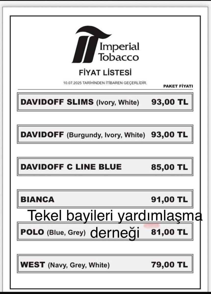 İmperi̇al Si̇gara Gurubunun Zamli Li̇stesi̇