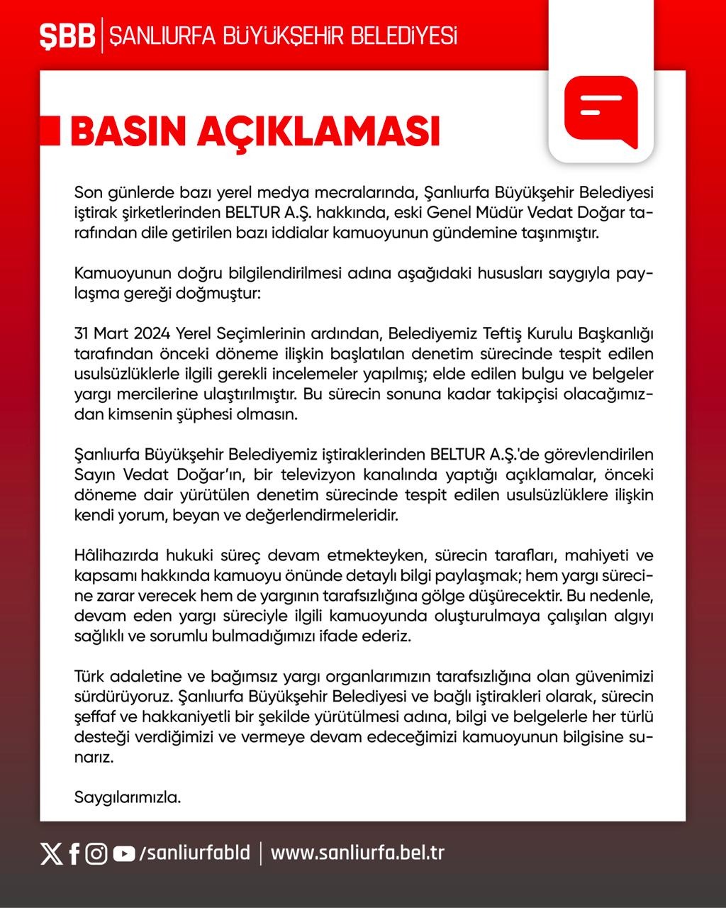 Şanlıurfa Büyükşehir Belediyesi’nden Önemli Açıklama-1
