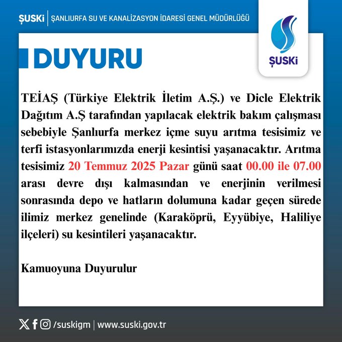 Şanliurfa’da 3 İlçede Su Kesi̇nti̇si̇ Yaşanacak