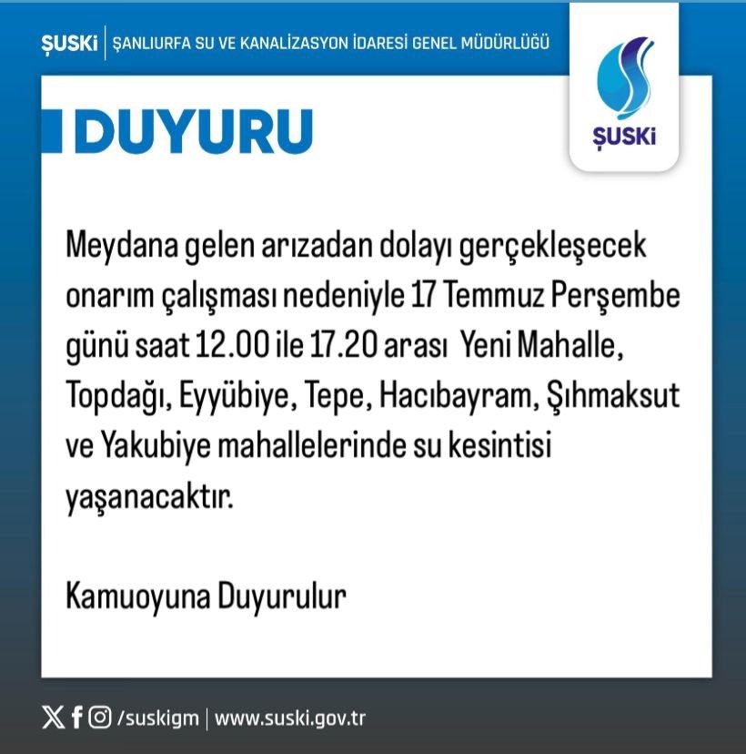 Şanlıurfa’da Su Kesintisi Uyarısı 7 Mahalle Etkilenecek, Saatler Sürecek!