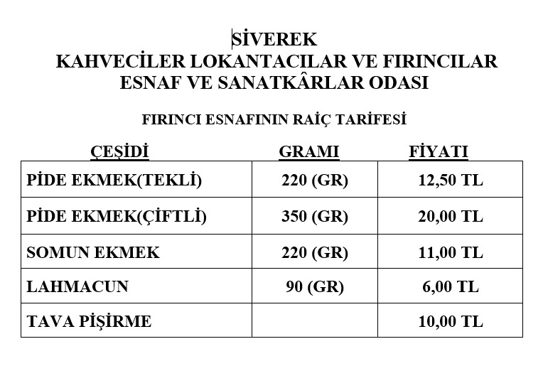 Siverek Ekmek Fiyatları