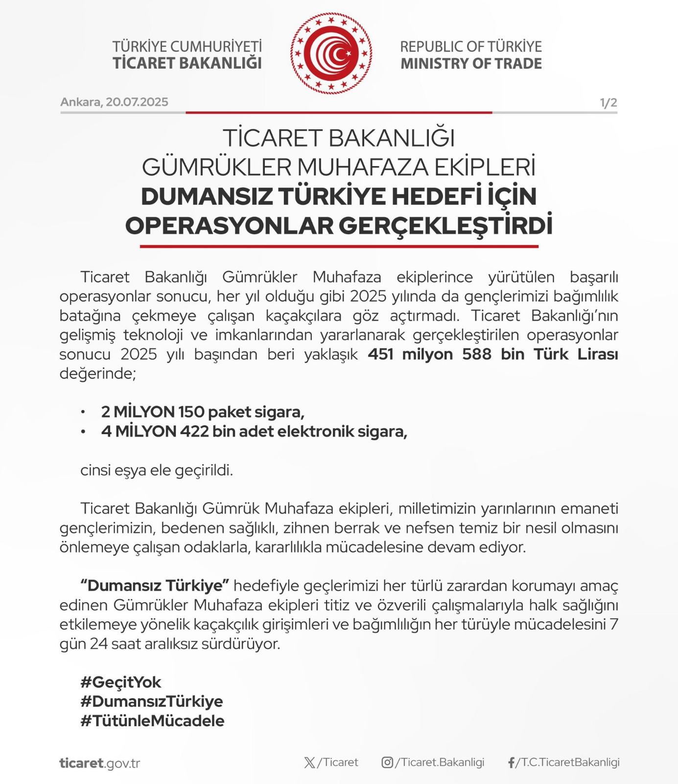 Ticaret Bakanlığı’ndan 451 Milyon Liralık Kaçak Sigara Operasyonu