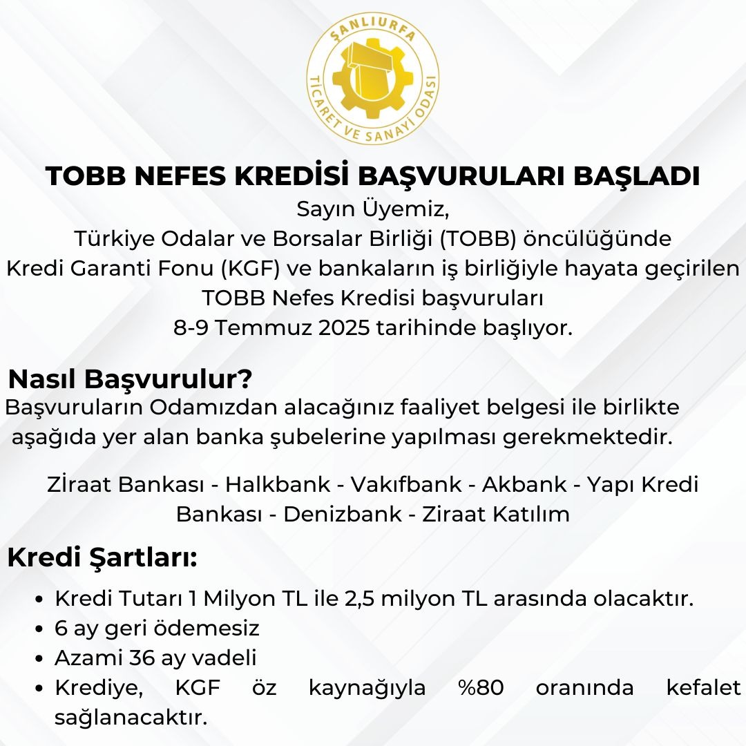 Tobb Nefes Kredisi Nedir, Kimler Başvurabilir Şanlıurfa’da Başvuru Süreci Başladı Mı