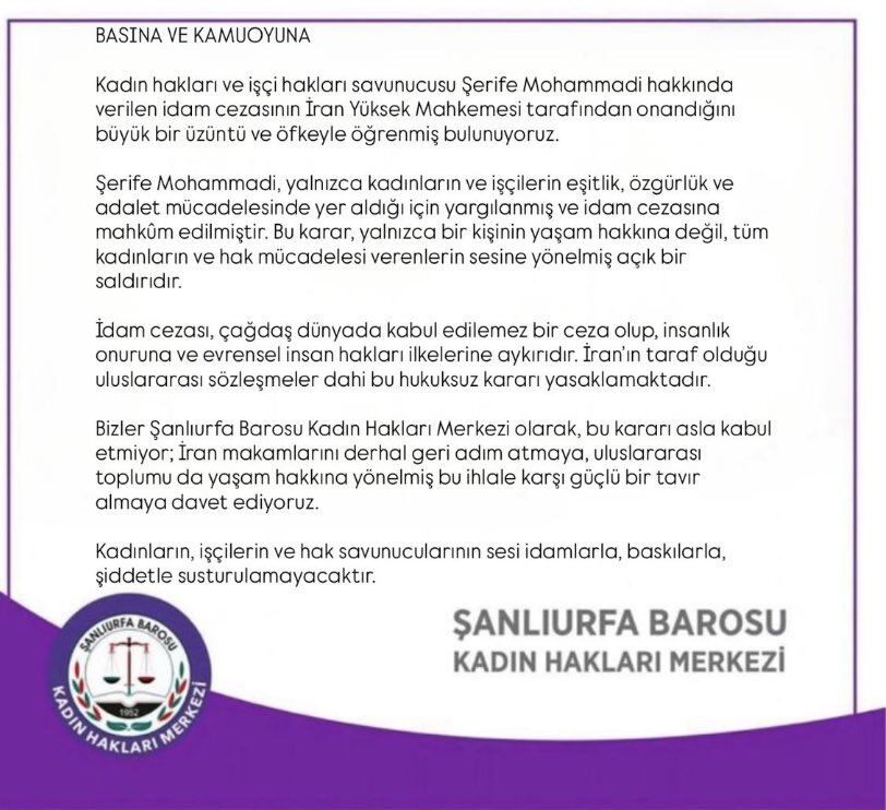 Şanlıurfa Barosu Kadın Hakları Merkezi’nden Şerife Mohammadi’ye İdam Cezasına Tepki