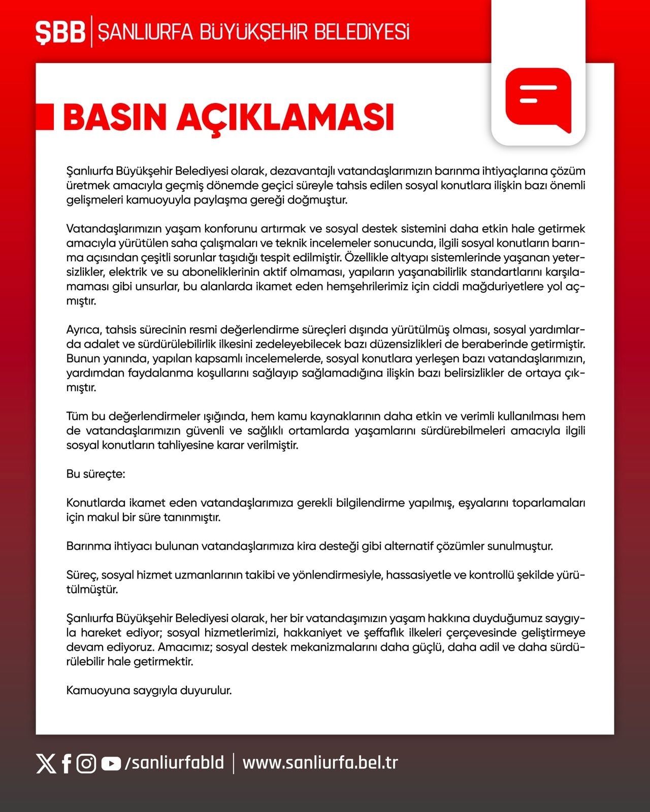 Şanlıurfa Büyükşehir Belediyesi’nden Sosyal Konutlarla İlgili Tahliye Kararı