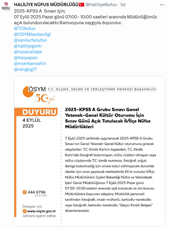 Haliliye Nüfus Müdürlüğü, Kpss A Grubu Sınavı İçin Pazar Günü Açık Olacak