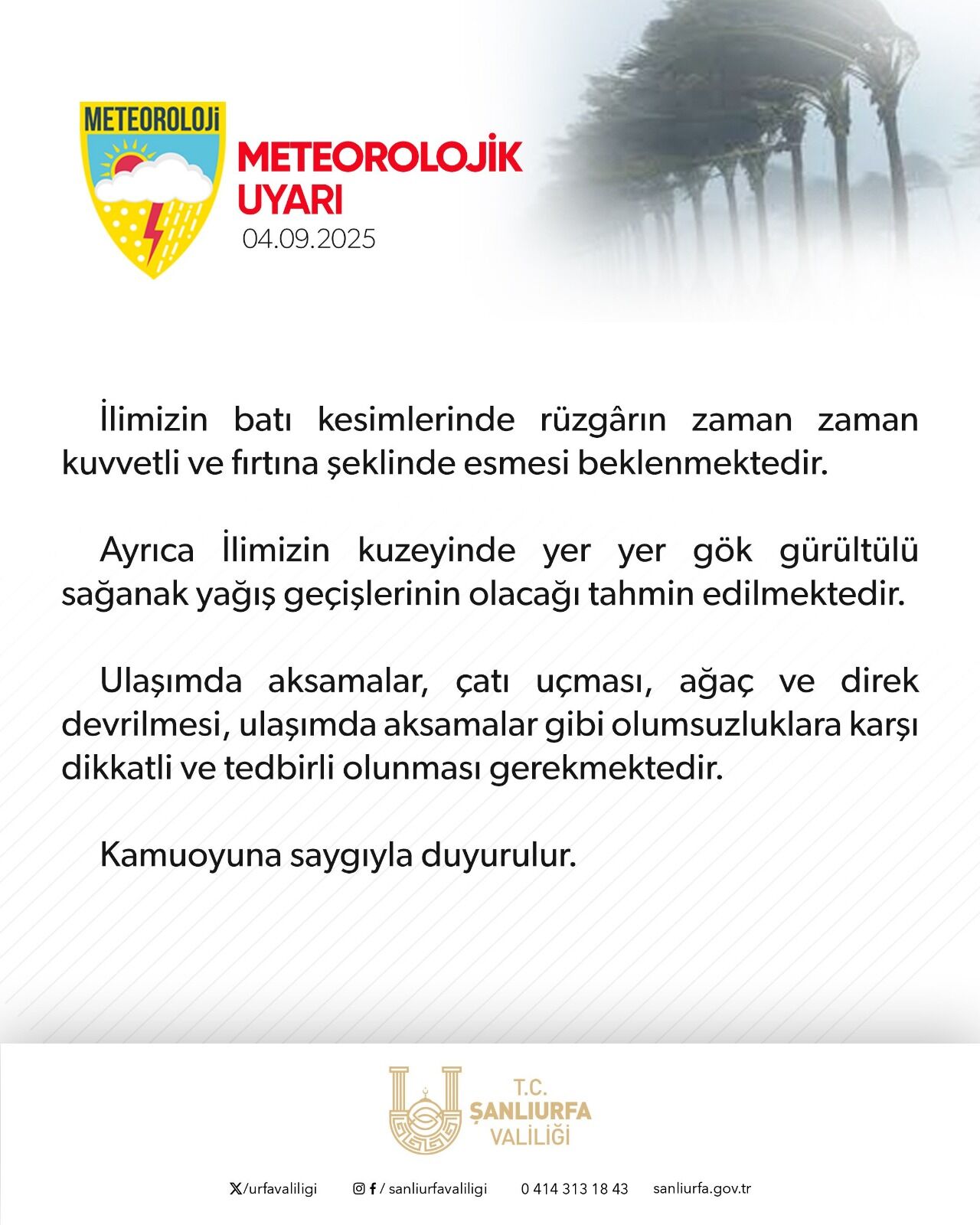Şanlıurfa Valiliği’nden Kuvvetli Rüzgar Ve Yağış Uyarısı