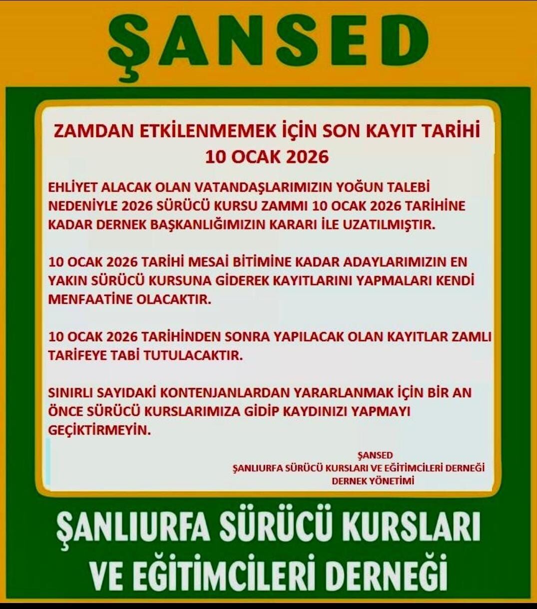 Şanlıurfa’da Sürücü Kursu Zammı İçin Son Tarih 10 Ocak 2026