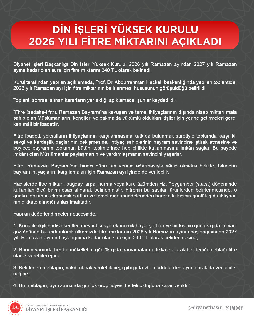 Diyanet Açıkladı: Fitre Tutarı Belli Oldu-1