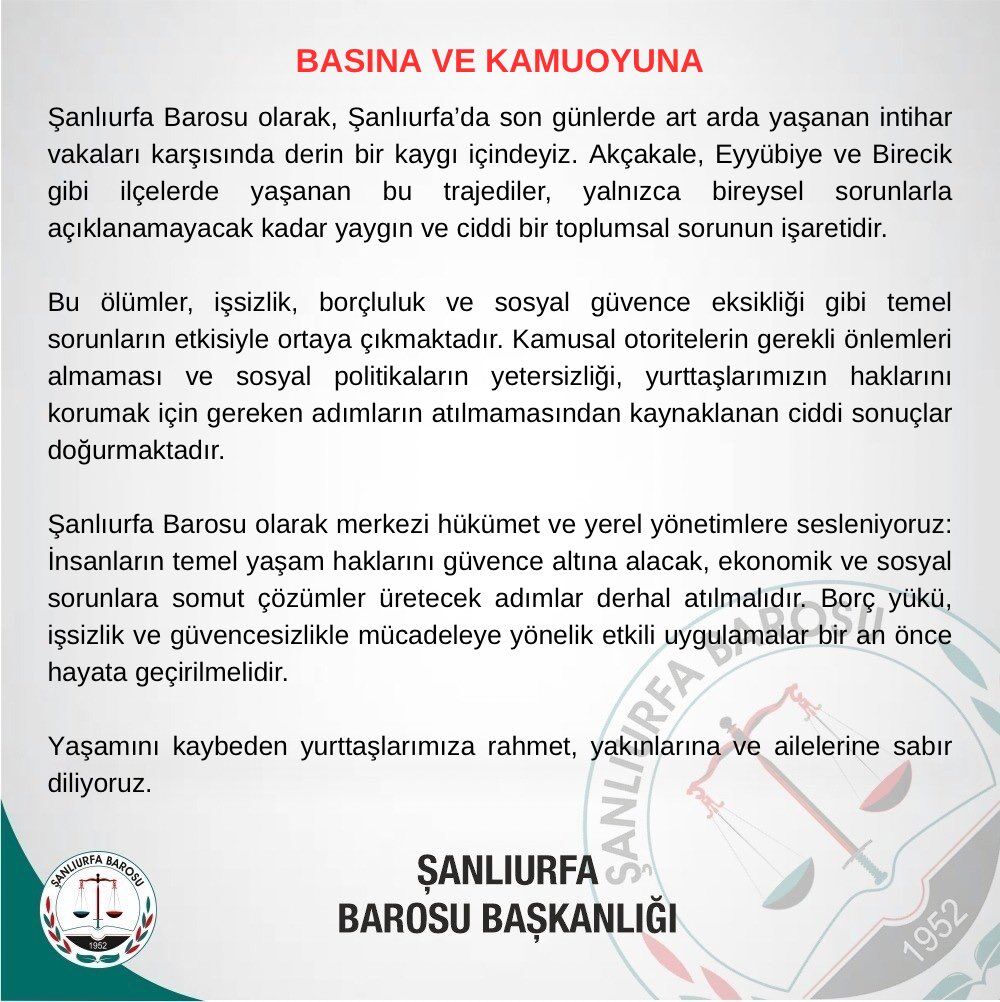 Şanlıurfa Barosu'ndan İntihar Vakalarına İlişkin Açıklama