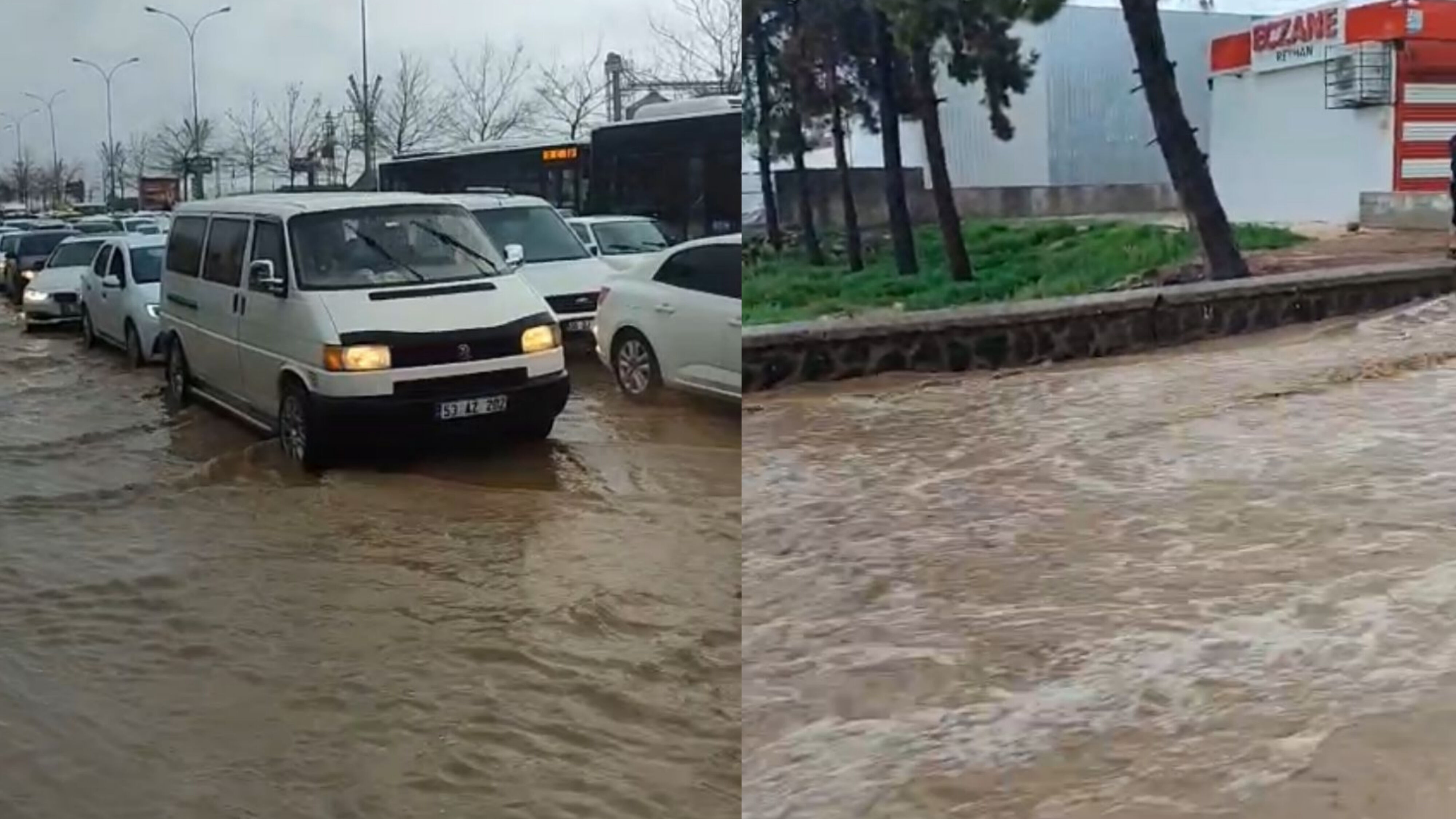 Şanlıurfa’da Sel Suları Trafiği Kilitledi Araçlar İlerlemekte Zorluk Yaşadı (1)