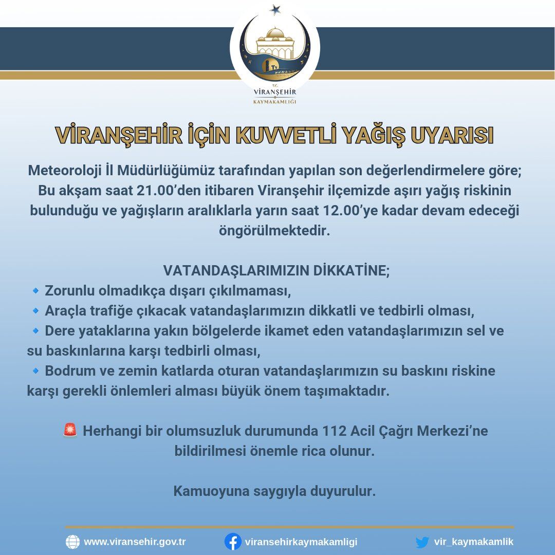Viranşehir Kaymakamlığı’ndan Sel Ve Su Baskını Uyarısı