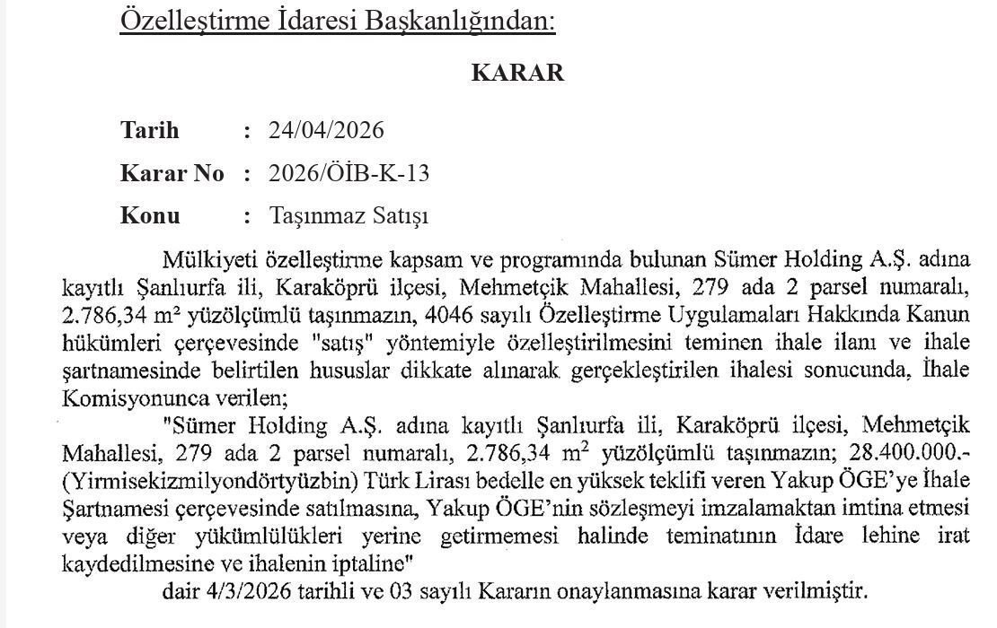 Karaköprü’de Sümer Holding Taşınmazı 28,4 Milyon Tl’ye Satıldı