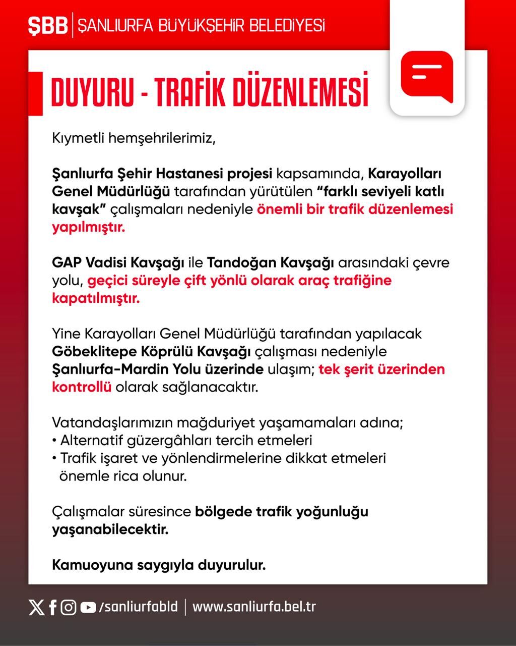 Şanliurfa Çevre Yolu Ve Mardi̇n Güzergahinda Trafi̇k Düzenlemesi̇