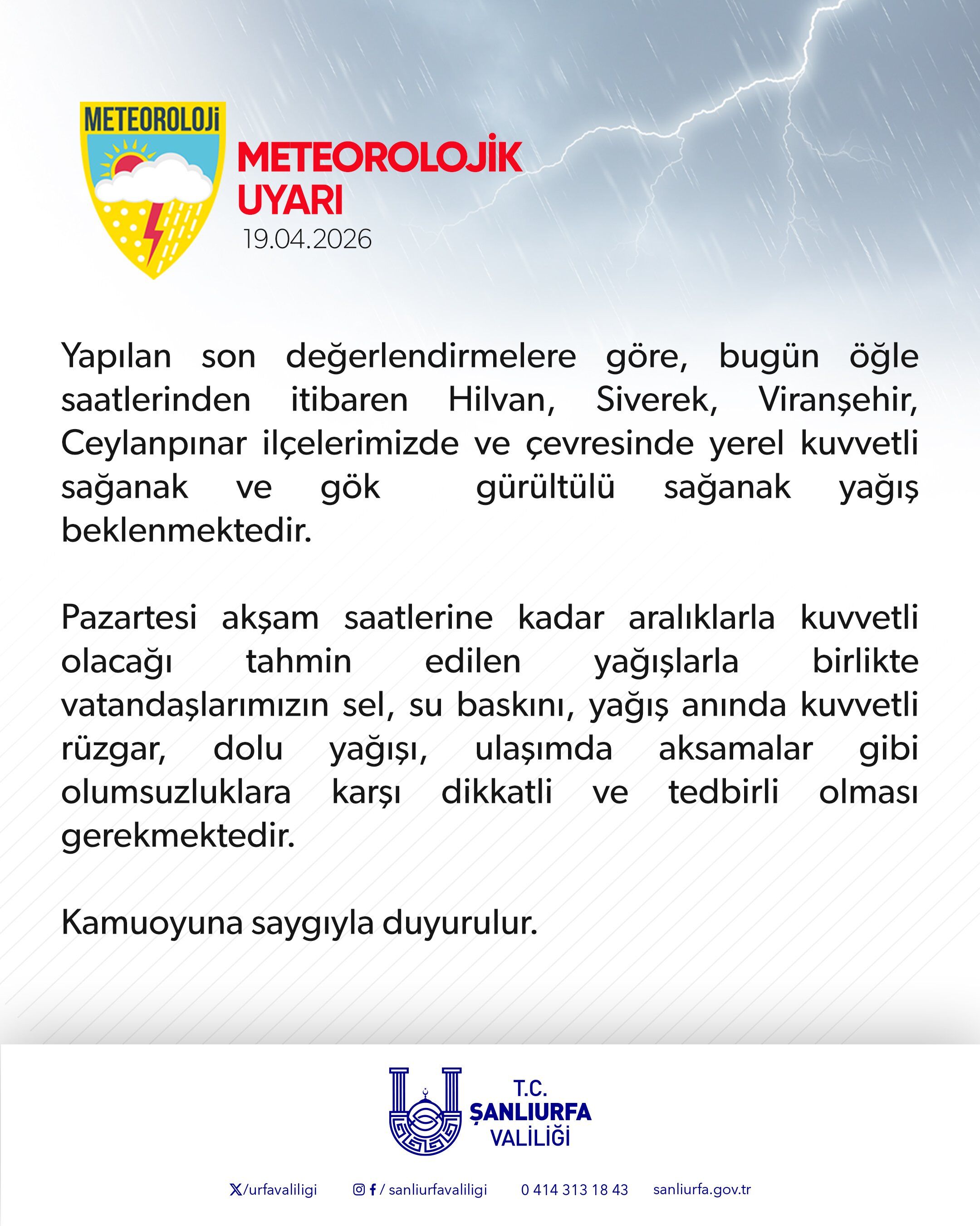 Sel Ve Su Baskinlarina Karşi Şanliurfa Vali̇li̇ği̇nden Uyari