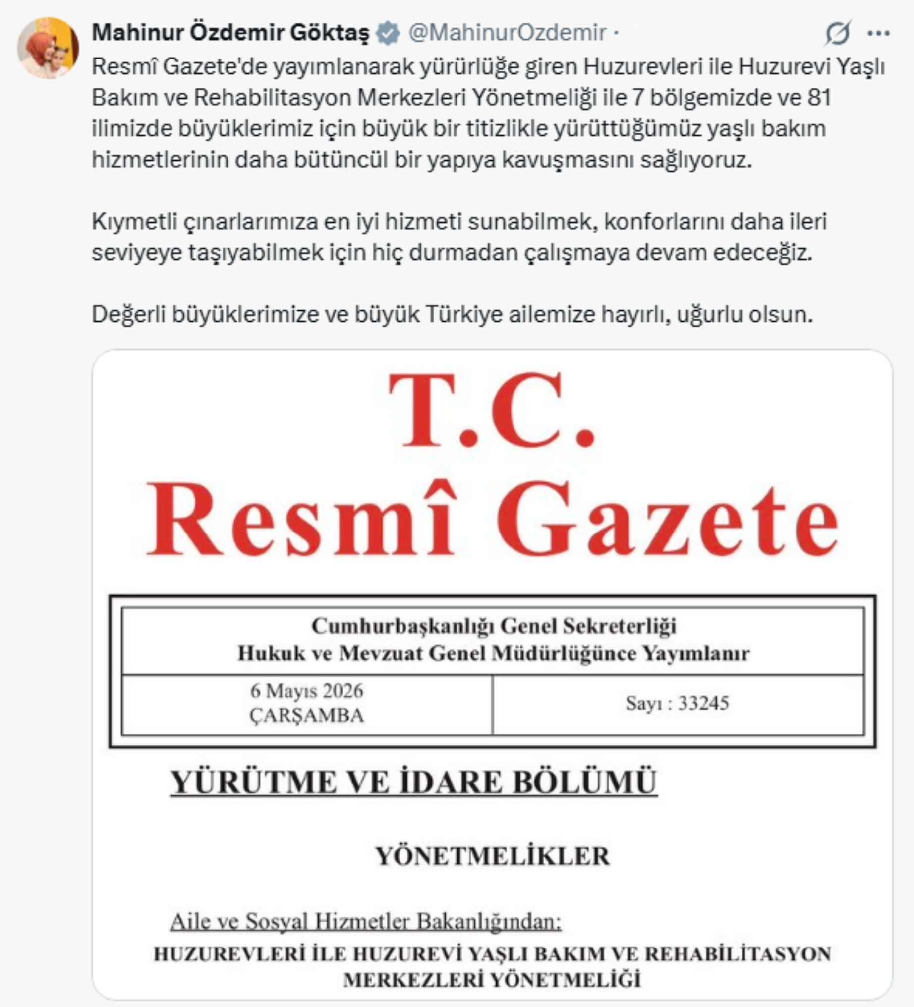 Bakan Mahinur Özdemir Göktaş’ın Paylaşımı