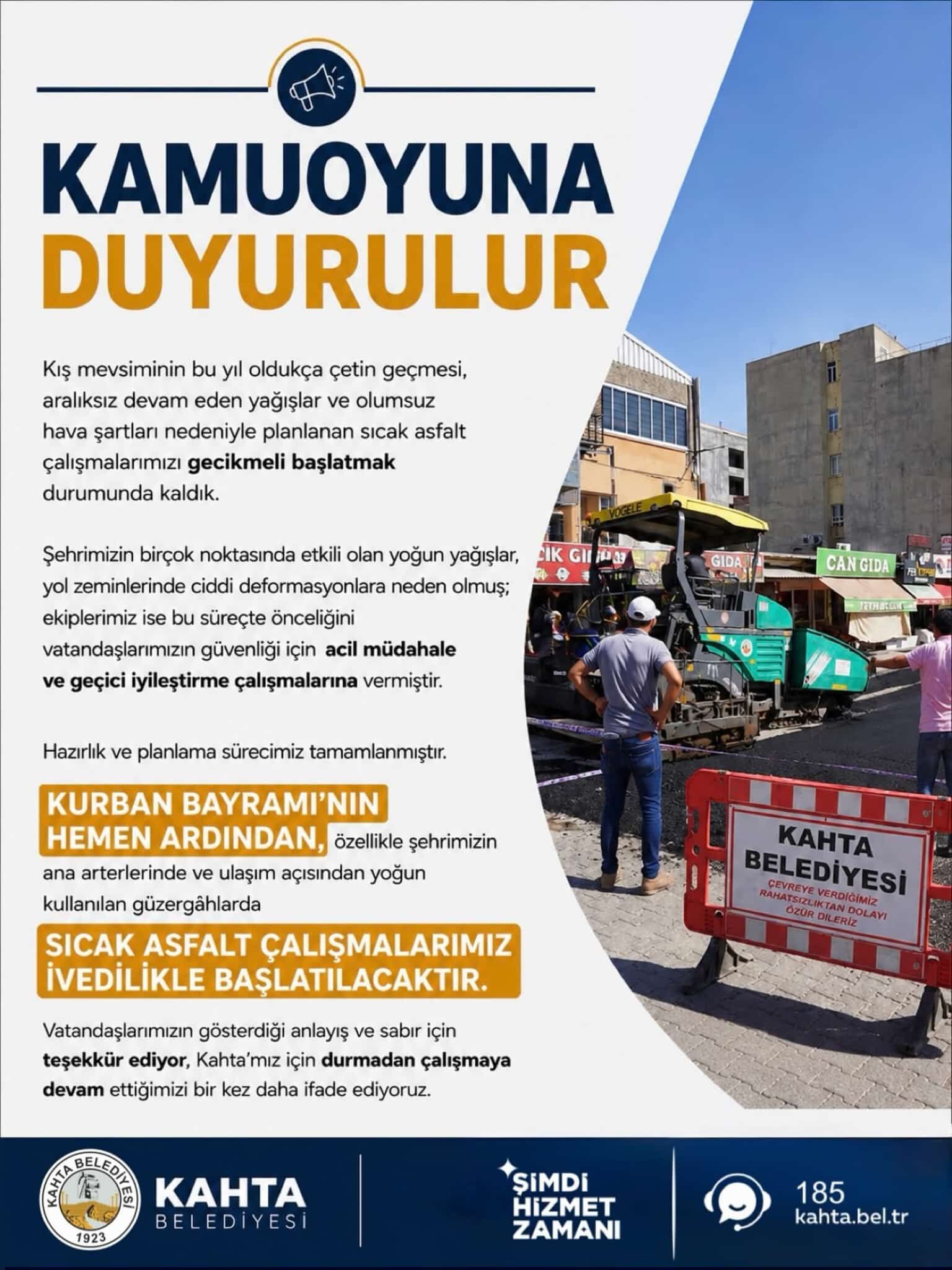 Kahta Belediyesinden Sıcak Asfalt Çalışmaları Hakkında Açıklama