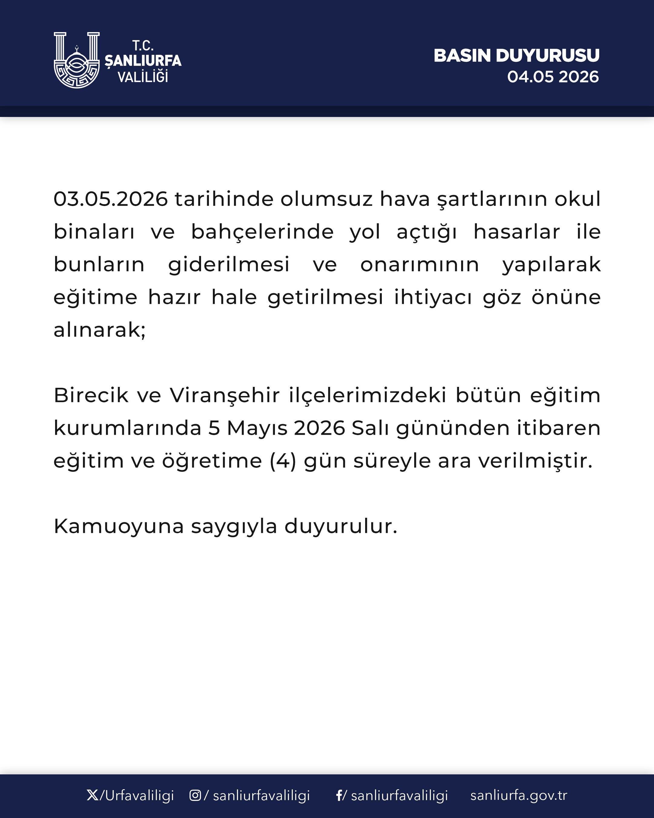 Şanliurfa Vali̇li̇ği̇ Okullar Tati̇l Edi̇ldi̇
