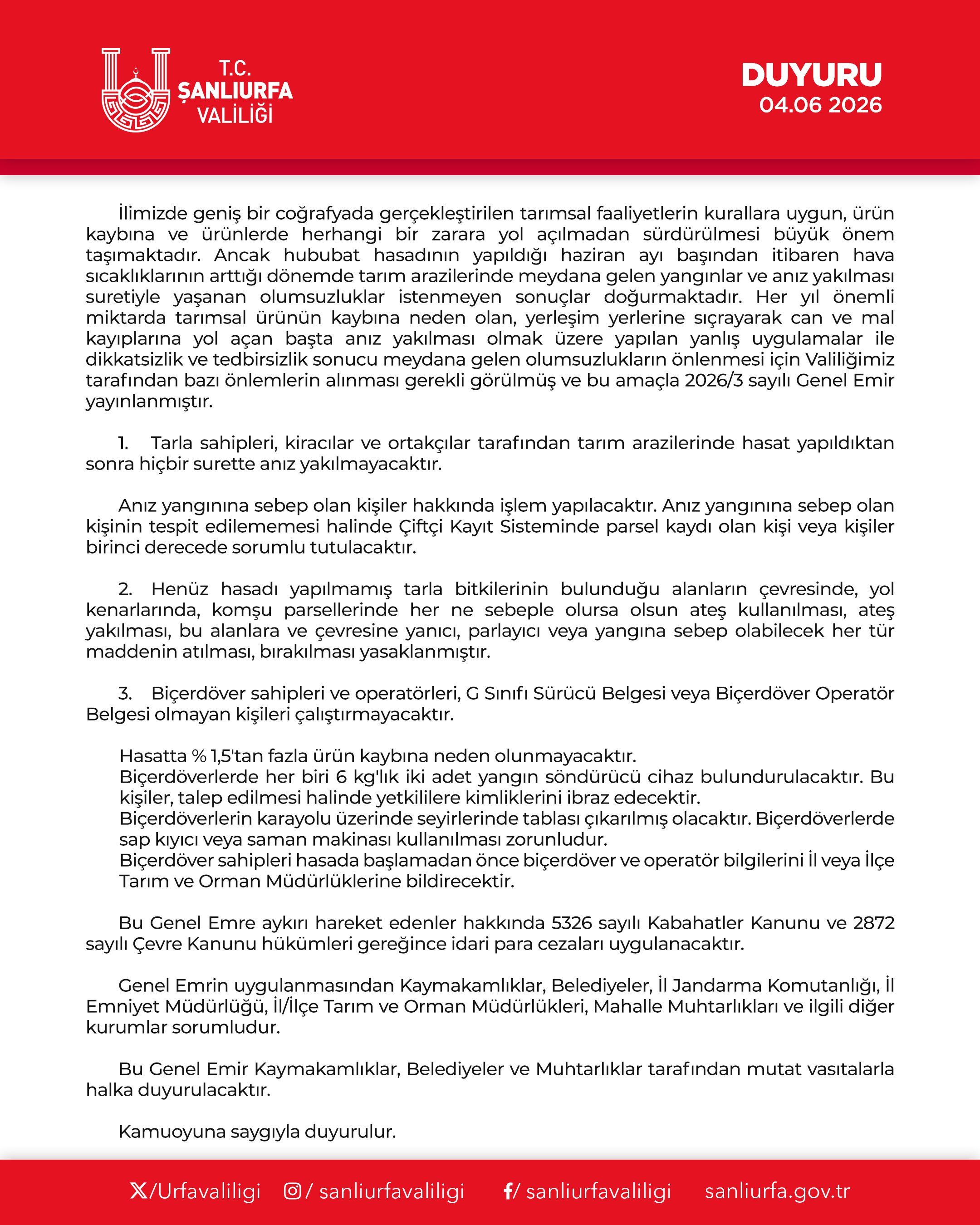 Anız Yangını Valilik Duyuru