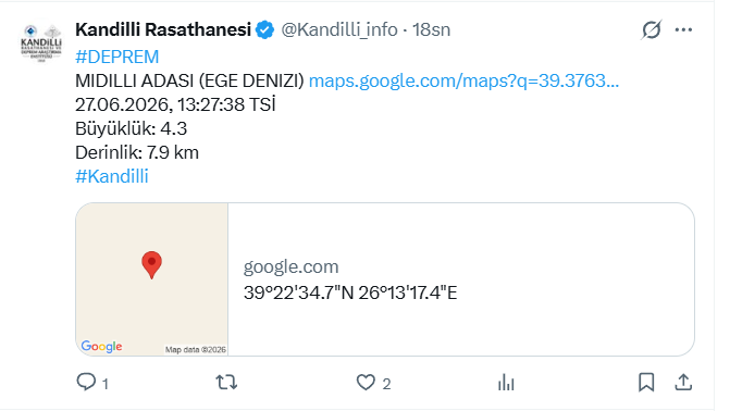 Ege Denizinde 4.3 Büyüklüğünde Deprem