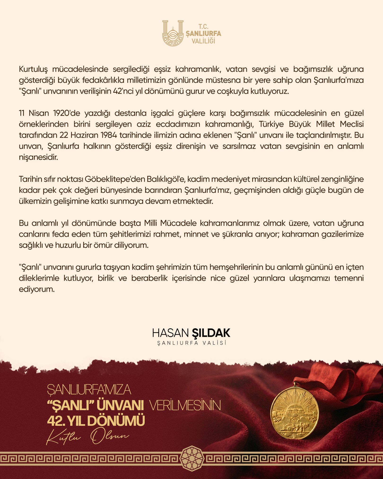 Şanlıurfa Valisi Hasan Şıldak "ŞANLI" Unvanını Kutladı