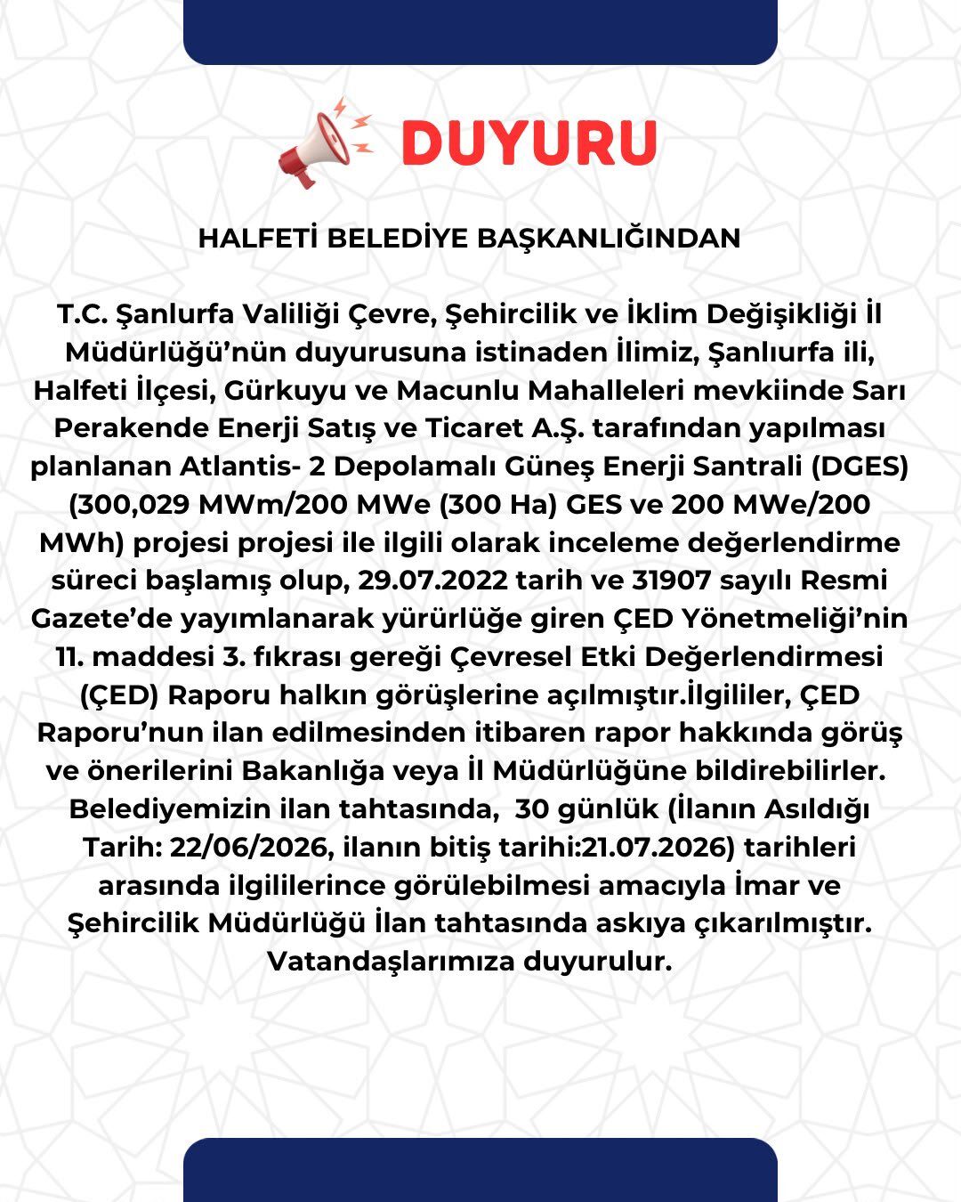 Halfeti'de Depolamalı Güneş Enerji Santrali Çed Raporu Askıya Çıktı