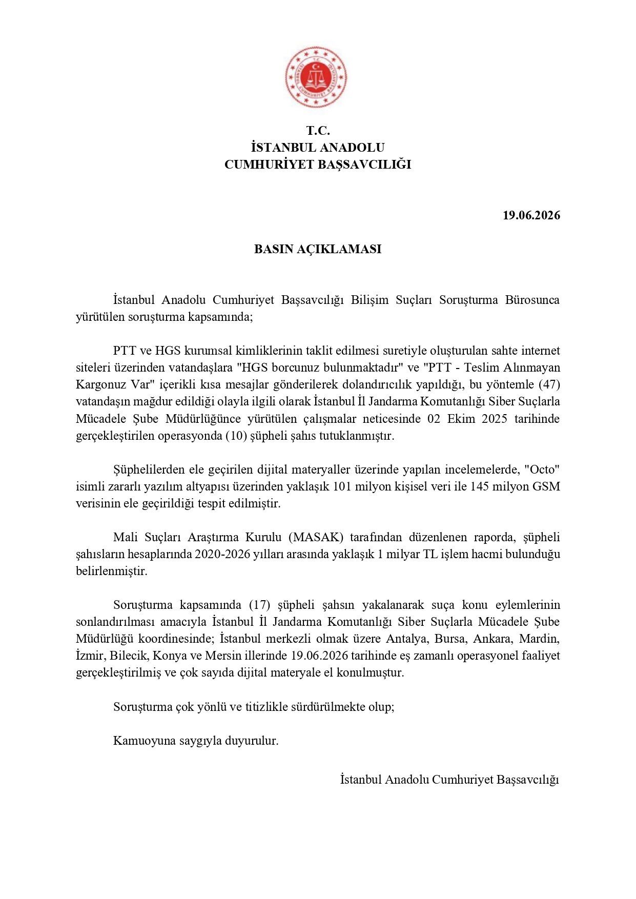 İstanbul Anadolu Cumhuriyet Başsavcılığı'ndan Dolandırıcılık Operasyonu