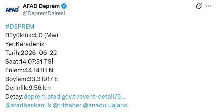 Karadeniz’de 4.0 Büyüklüğünde Deprem Meydana Geldi!