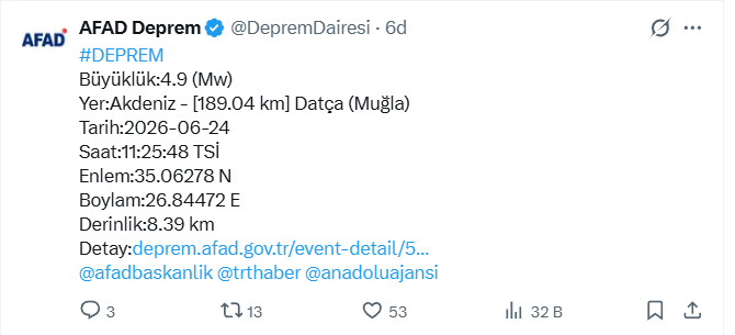 Muğla Datça’da 4.9 Büyüklüğünde Deprem
