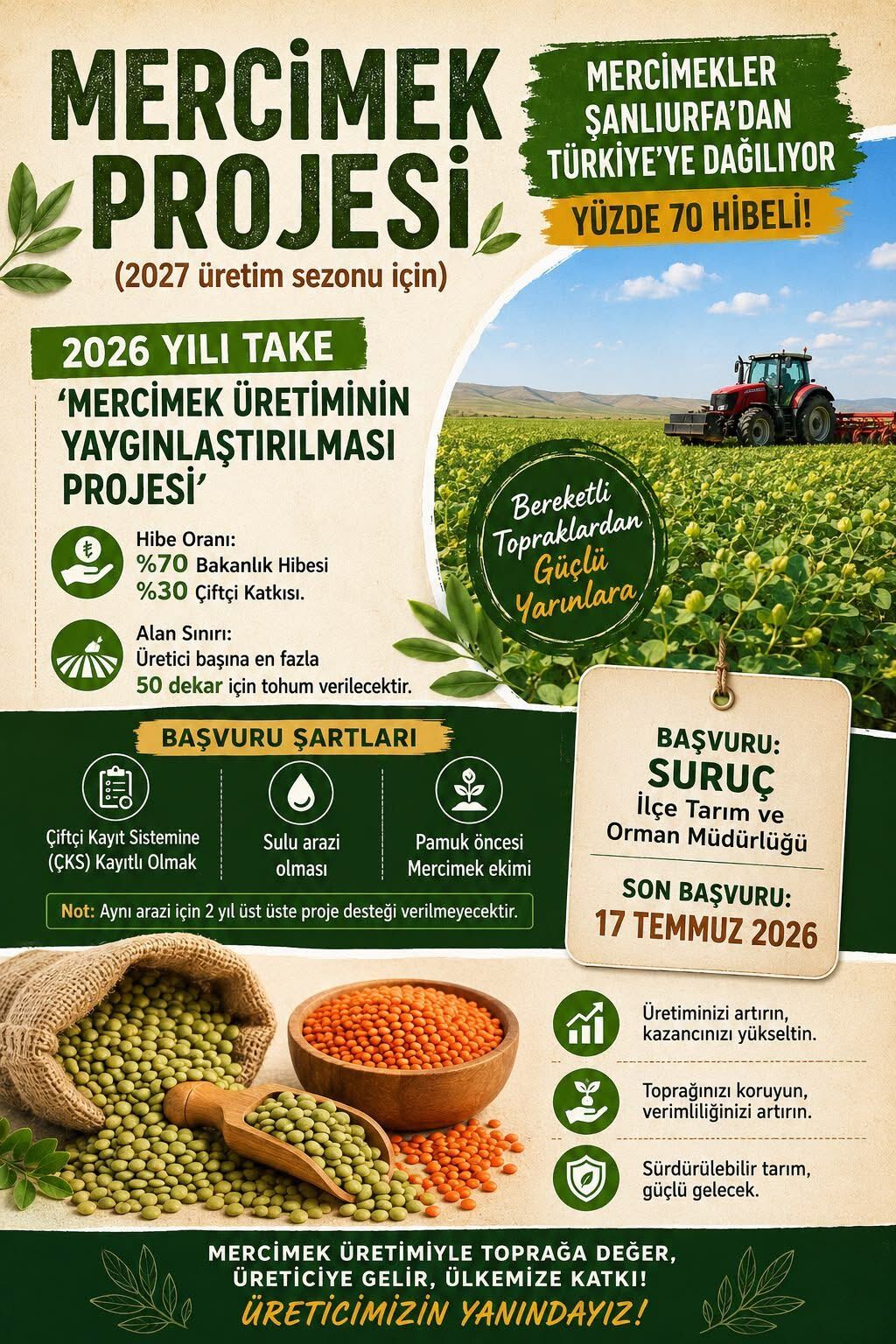 Şanlıurfa’da Çiftçiye Mercimek Tohumunda Yüzde 70 Hibe Desteği