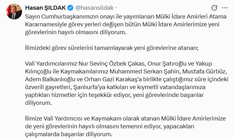 Vali Şıldak’tan Atama Kararnamesi Sonrası Mesaj