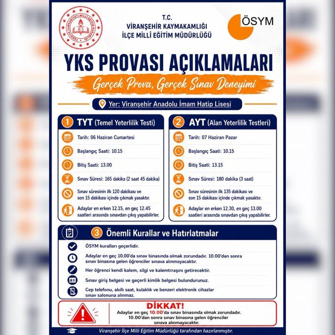Viranşehir İlçe Millî Eğitim Müdürlüğü Yks Provası Düzenliyor