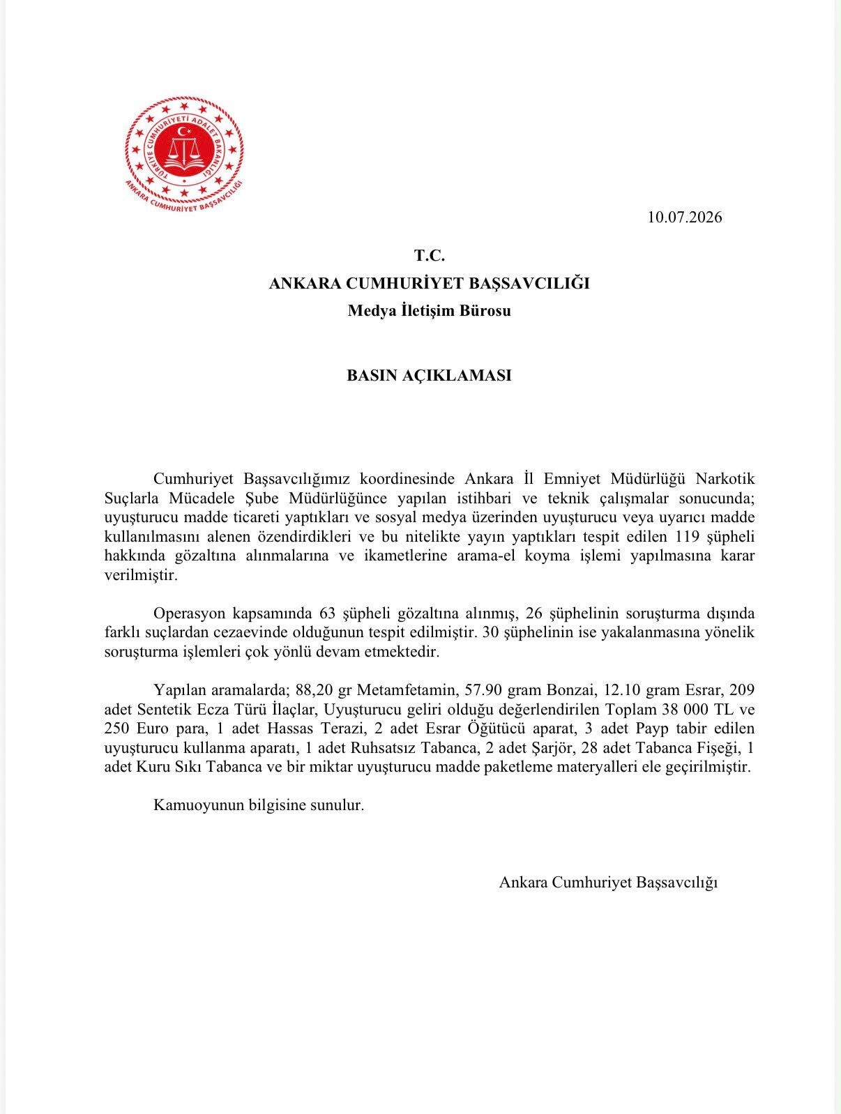 Ankara Cumhuriyet Başsavcılığı Basın Açıklaması