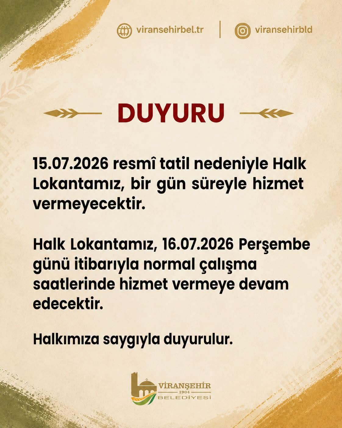 Halk Lokantası 15 Temmuz'da Kapalı Olacak