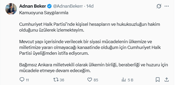 Mi̇lletveki̇li̇ Adnan Beker İsti̇fa Etti̇