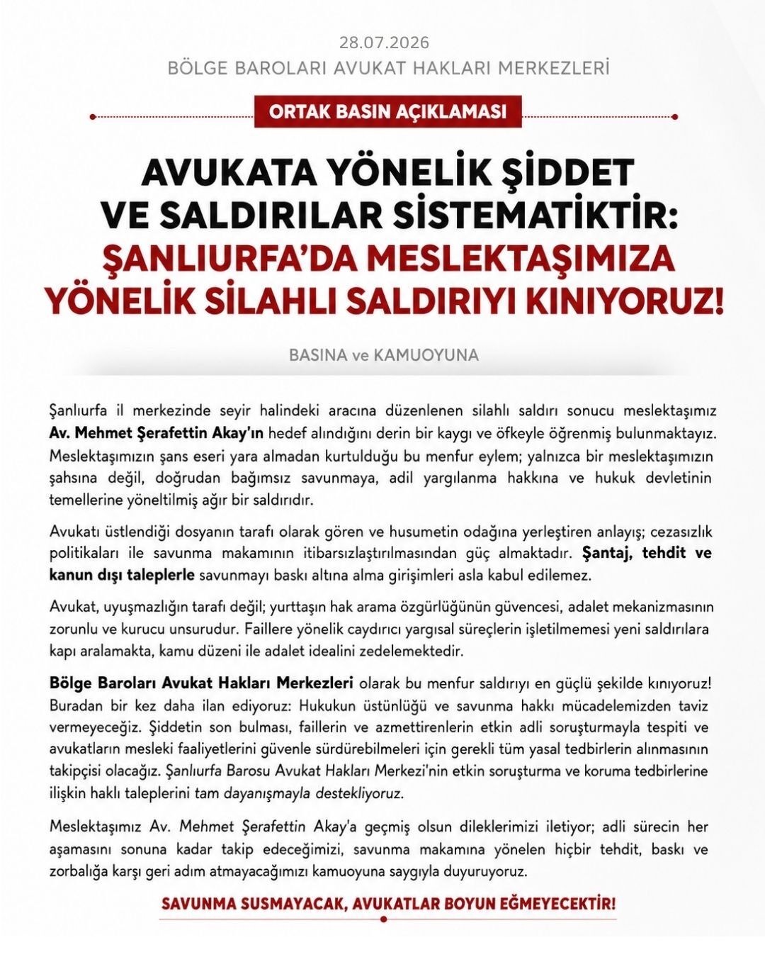 Şanlıurfa’da Avukata Silahlı Saldırı Sonrası Bölge Barodan Ortak Açıklama